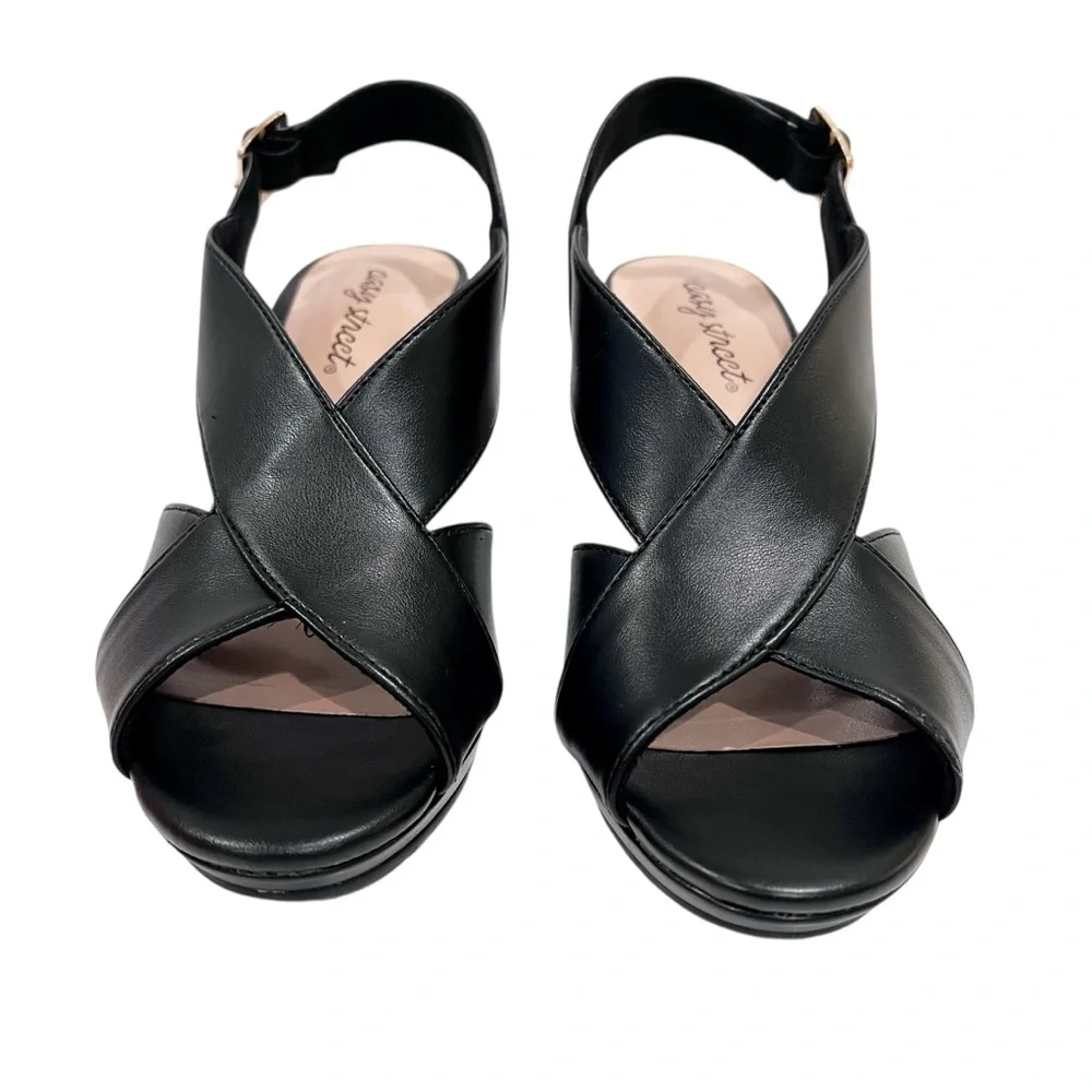 Easy Street Christy Slingback Heeled Sandals Cross Strap Buckle 7.5 Black NEW - Picture 4 of 16